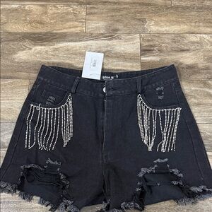 Black Rhinestone Fringe High-Rise Denim Shorts